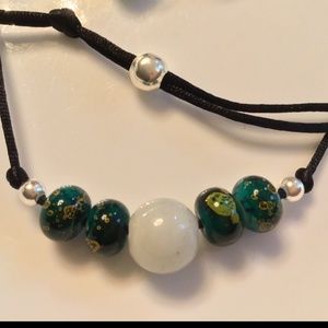 ARTISAN Set Amazonite Floral Green Glass Silver Bead Black Satin 26” Necklace
